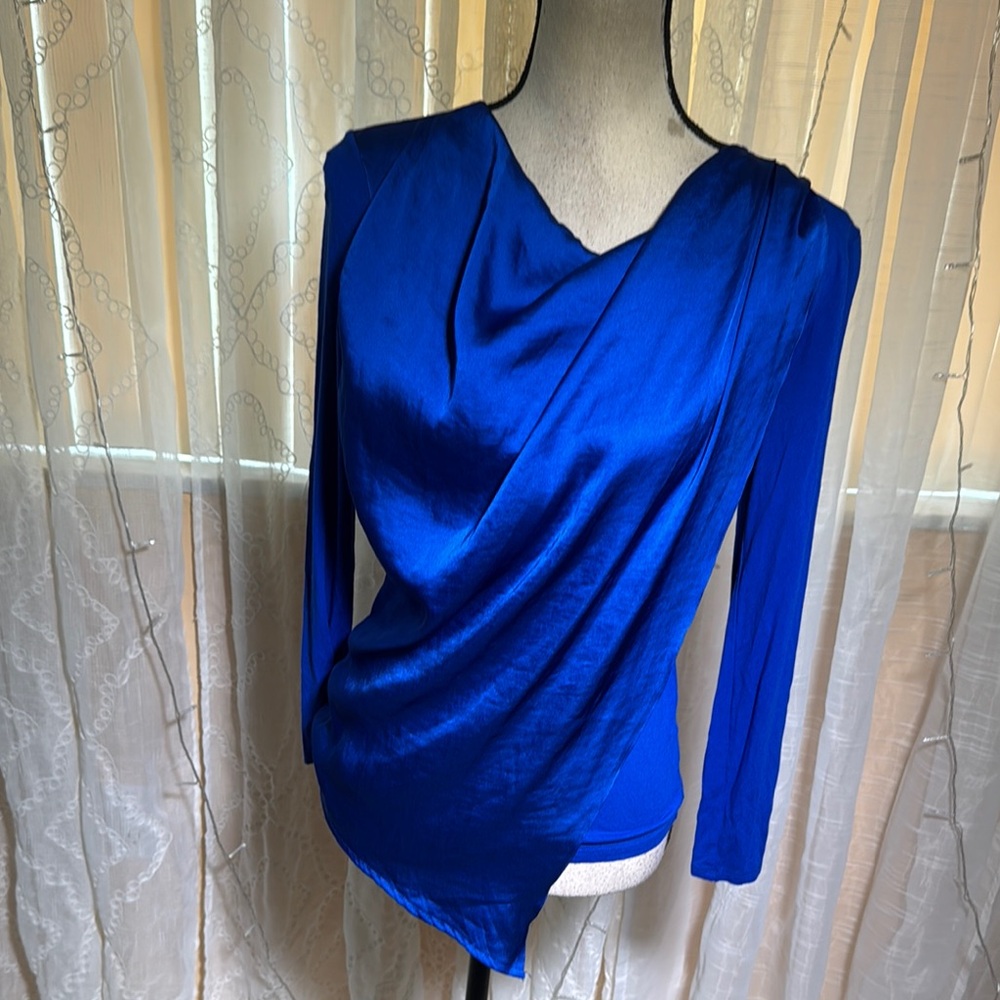 Vince Camuto Blue Asymmetrical Long Sleeve Blouse,PXS - Picture 1 of 6